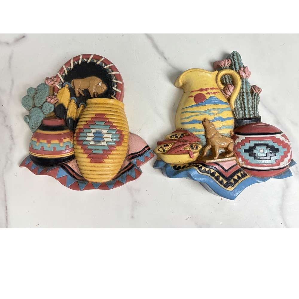 Vintage Southwestern Wall Plaques Set of 2 Coyote Buffalo Cactus Pottery Decor